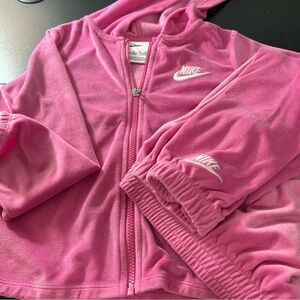 NIKE Girls Velour Set Pink Jacket Full Zip Hood Pants Cinched Ankles Size M 5-6